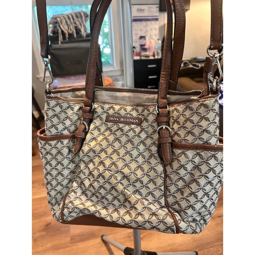 Dana Buchman Womens Jacquard Shoulder Bag Brown Beige Geometric Tote‎ Handbag